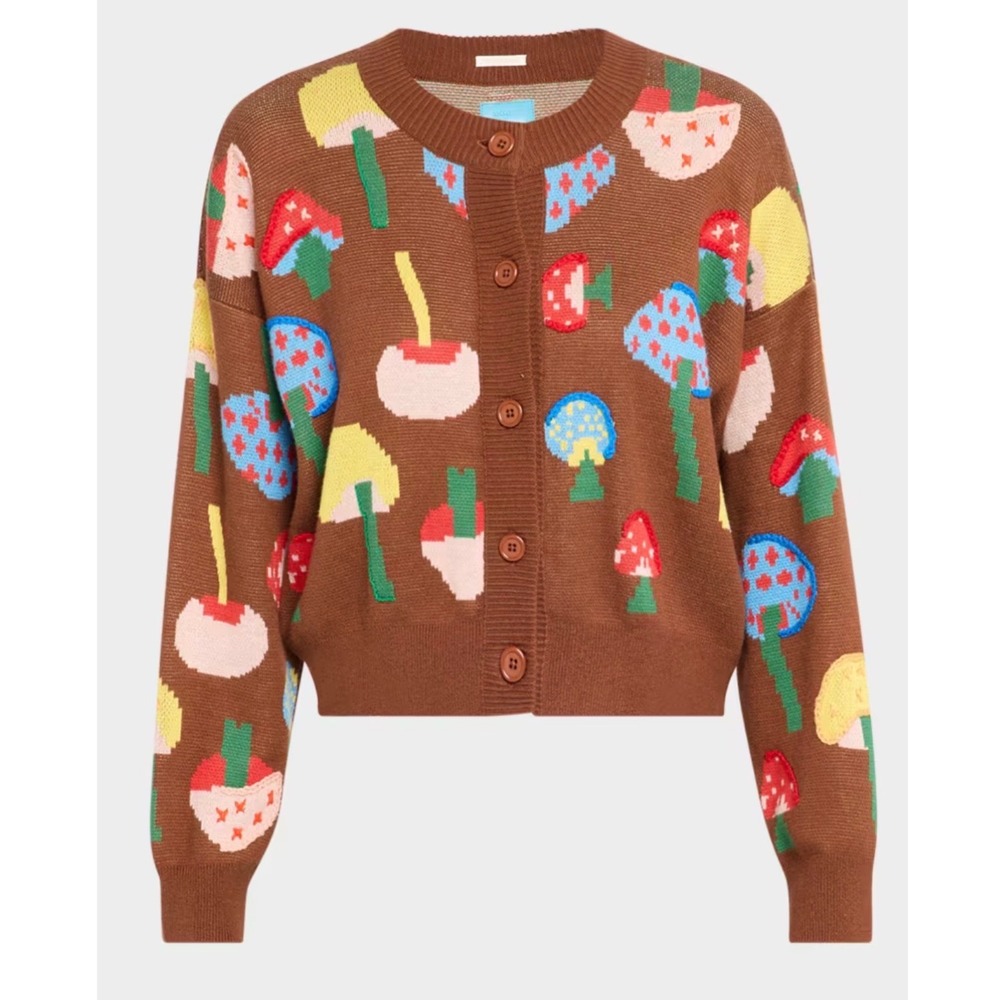 MOTHER The Varsity Cardigan Womens M Brown Mushroom Motif Embroidered 82347-1812